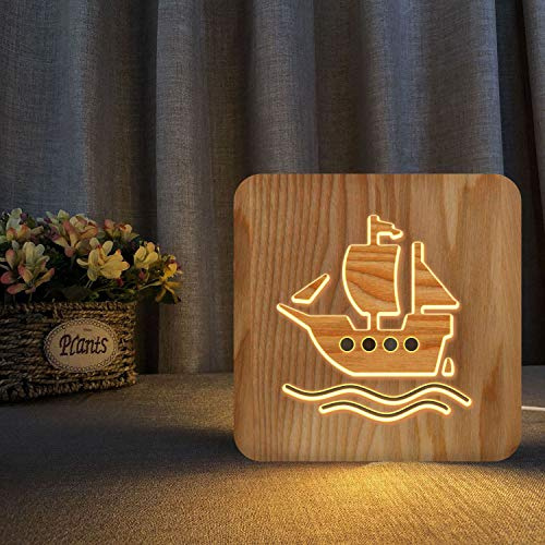 C/N Lámpara de escritorio de madera 3D con diseño de velero, luz LED blanca cálida, luz nocturna con alimentación USB, regalos náuticos creativos para hombres, mujeres, amigos, amantes del océano