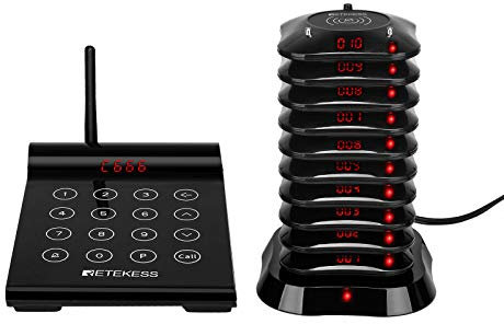 Retekess TD164 Pager System, Drahtloses Anrufsystem, FSK Große Reichweite 800M 10 Untersetzer 30H 300mAh, Anrufverlaufsanfrage, Logistic Aufrufsystem