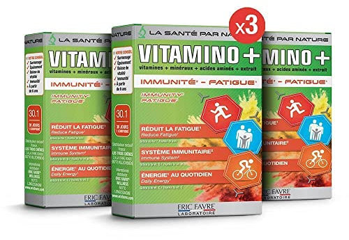 COMPLEXE MULTIVITAMINES ET MINERAUX Vitamino+ - Haute Absorption - Vitamines A, B, C, D3, E, Minéraux, Acides Aminés, Zinc - Immunité, Fatigue - Programme 90J - Lot de 3 x 30 Comprimés - Eric Favre