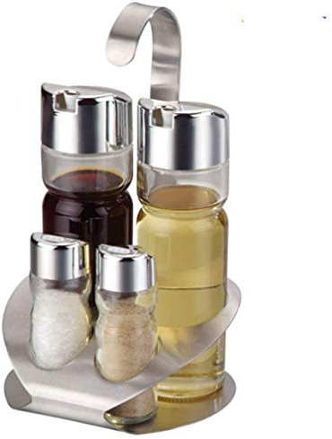 Cruet Set with stand-4or5-piece Stainless Steel Kitchen Spice Bottles Set-Salt and Pepper Shakers Oil and Vinegar Box Condiment Server Holder-Cooking Tools -4