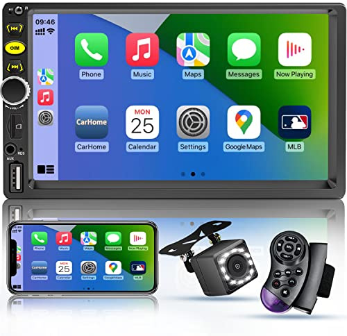 7 dubbel DIN pekskärm bilradio med Apple CarPlay, 17,8 cm (7 tum) Bluetooth-bilradio med bakkamera, FM-rattkontroll, spegellänk-navigering, USB/TF/subwoorf/240 watt