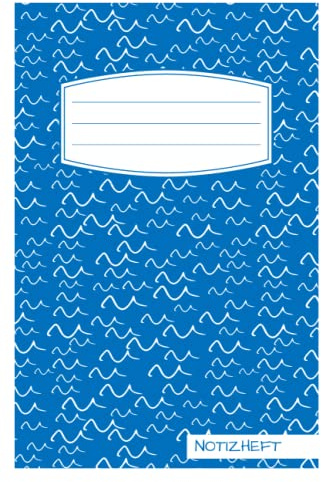 Notizheft: Softcover ca. A5, liniert, 100 Seiten, 50 Blatt mit Kritzel Design Cover in blau weiß - Motiv: Wellen