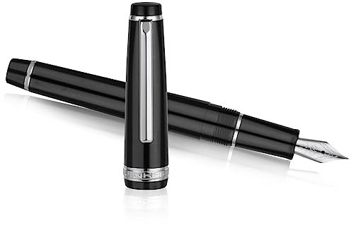 AUAUY Smooth Writing Black Fountain Pen, Refillable Ink Writing Pen 0.38mm Extra Fine Nib, Consistent Ink Flow Pen for Enthusiasts, School, Office