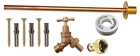 HEP® Kit de robinet d'extérieur avec bride murale enfichable avec fixations (chevilles brunes, vis et ruban PTFE)