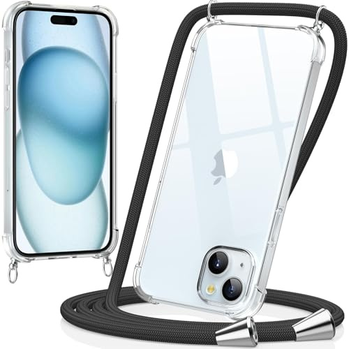 caslord Handyband kompatibel mit iPhone 15 | Transparent Hülle mit Handykordel | Handyhülle für zum Umhängen | für Sport Reisen Partys Einkäufe Babypflege | Schwarz