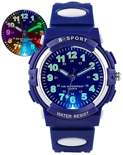 DTKID Kinderuhr Junge Mädchen, 7-Farben Armbanduhr Kinder Analoge, 3ATM Wasserdicht, Leicht Ablesbare Uhrzeit,Kinder Uhren Für 5-16 Jahren