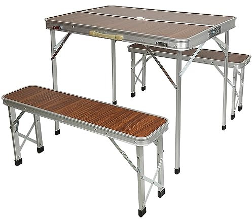 WANZHE Campingtisch, Klapptisch, Koffer, Alumium, zwei Bänke, 90 x 60 x 70 cm, Finish für Campingtisch, Party, Grill (Braun)