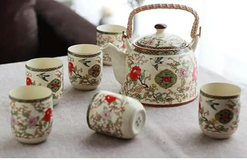 TAMTAK Service à thé en céramique, 7 pièces, 1 théière, Six Tasses à thé, Verres, Porcelaine Chinoise, Outils à thé Kung Fu
