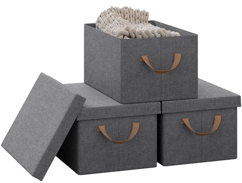 WOLTU Aufbewahrungsbox mit Deckel 3 Stück, aus Polyesterstoff, für Schlafzimmer, Arbeitszimmer, Wohnzimmer, Organizer Box mit Griffen, faltbar, Grau, 38x20x27 cm