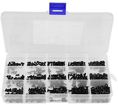 Schrauben- und Muttern-Set, 480-teilig, M2, M2,5, M3, Karbonstahl, Schwarz, Innensechskant, Flachkopfschraube, Sechskant-Senkkopfschrauben, Muttern-Sortiment-Set mit