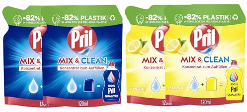 PRIL Original Konzentrat Mix & Clean-Set 2x Original & 2x Zitrone, Handgeschirrspülmittel-Set mit höchster Fettlösekraft, für sauberes Geschirr auch in kaltem Wasser, 4x 120ml