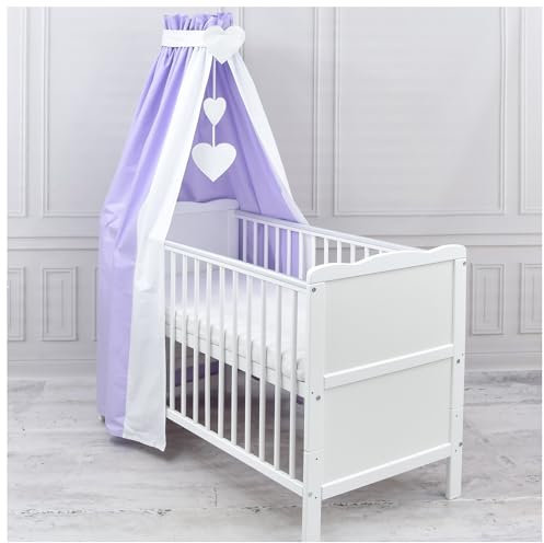 Generisch Baby Delux Babybett Himmel Betthimmel Baumwolle Baldachin für Babybett Kinderbett Wiege Stubenwagen Himmelstange Applikationen Herz Deko (Lila, mit Himmelstange)