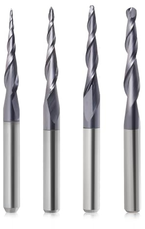 Tapered End Mill Cone Ball Nose Carbide Bit CNC Cutter 4Pcs/Pack R0.25~1.0 Tip 1/8 Shank CNC Spiral Router Bits 2 Flutes Tapered Ball Nose Bits for Engraving Milling 3D Relief Carving