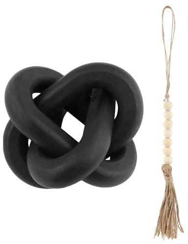 Quixleen Knot Decor Wood Knot Chain Link Decor with Fringed Wooden Bead Decoration Wood Chain Link Decor 3 Knot Hand Carved Natural Decorations for Home Living Room Bedroom(Color:Black)