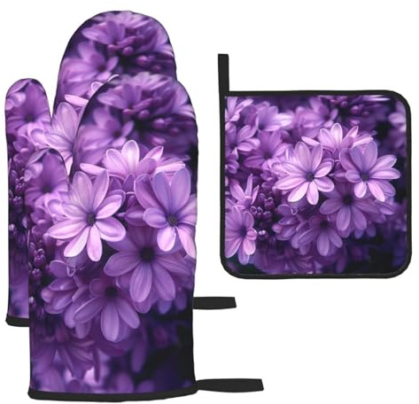 Ofenhandschuhe und Topflappen, Motiv: Blühende lila Blumen, hitzebeständige Küchenhandschuhe und heiße Pads zum Kochen, Backen, Grillen, 3 Stück