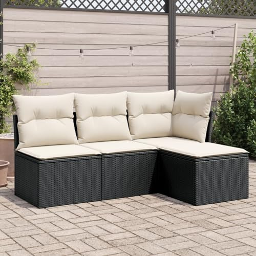 Faroom Balkon Ecklounge Mit Stauraum - Gartenlounge Klein, Rattan Sofa, Kleiner Sitzecke, Loungemöbel, Gartensofa, Ecksofa, Balkonmöbel Schwarz und Creme 4-tlg-Type-535