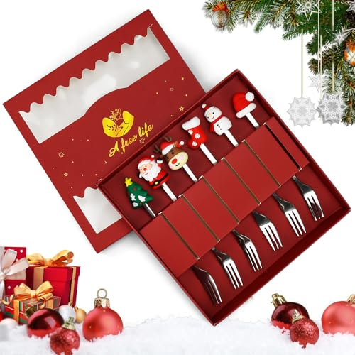 REFORUNG 6 Pz Forchettine da Dolce di Natale Forchetta da Torta per Dessert Forchette da Dessert in Acciaio Inox per Natale Dessert,Cibo,Compleanno (Argento)