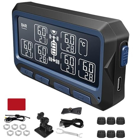 Monitor de presión de neumáticos de remolque, TPMS para remolque, de control de presión de neumáticos, monitor de presión de neumáticos inalámbrico con 6 sensores externos