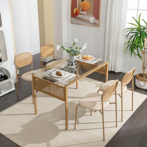 Rattan Dining Table and Chairs Set of 4, Glass Table, Upholstered Chairs | Boho Style, Natural, 120CM Rectangular Dining Table, Cane Back, Metal Legs, Padded Seat, Dinner Table, Kitchen, Dining Room