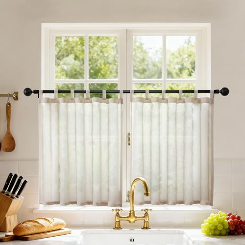 Joydeco Scheibengardinen Modern Leinenoptik Küchen Gardinen Vorhänge mit Schlaufen Voile Vorhang 2er Set H 45 x B 120 cm Transparente Küchengardinen Gardine Kurz für Wohnzimmer Wohnmobil Landhausstil