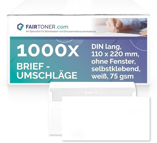 FairToner Briefumschläge DIN lang ohne Fenster 75gsm (1.000 Stück) selbstklebend, 22 x 11 cm weiß