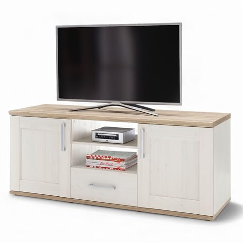Romance TV-Lowboard in Sibiu Lärche, Eiche San Remo Optik - TV Schrank im Landhausstil mit viel Stauraum für Ihr Wohnzimmer - 143 x 59 x 50 cm (B/H/T) | 143 x 59 x 50 cm (B/H/T), Landhausstil, Wohnzimmer, mit Schublade und offenen Fächern für viel Stauraum