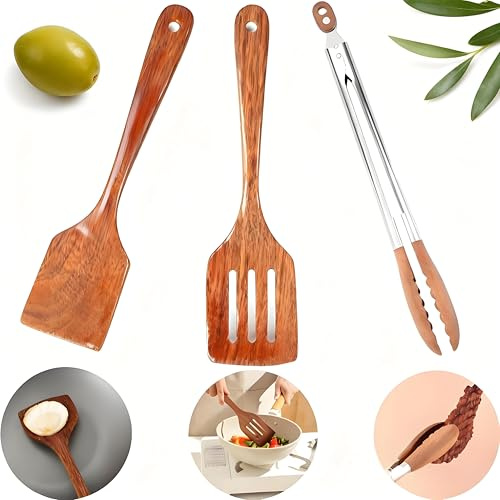 Yuiturt 3 Stück 30cm Holz Küchenutensilien Set，2 Stück Holz Pfannenwender+1 Stück Holzzange Küche ideal für BBQ, Salat, Toaster, Kchen Spatel Set Schutz Vor Kratzer für Pfanne,Hitzebestndig