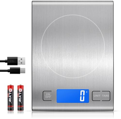 Bilancia Cucina Digitale Ricaricabile, [USB Carica-1g/15kg] Diyife Bilancia da Cucina, Alta Precisionee in Acciaio Inossidabile, Display LCD,Funzione Tare,per Culinario,Caffè,Gioielli,Batterie Incluse