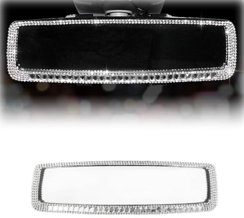 ZIMISI Bling Car Rear View Mirror, 10.51 Inch HD Glass Wide Angle Rearview Mirrors, Clip-on Crystal Diamond Panoramic Rear View Mirror Accessories, Bling Car Decorations for Women (Silver)