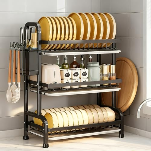 Topnewhome 3 Ebenen Abtropfgestell 52cm mit Zubehörhalter,Schwarz | Küchenorganizer mit abnehmbarer Tropfschale. Platz für Geschirr, Messer und Schneidebretter, ideal für die Arbeitsplatte.
