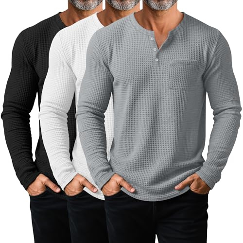 August Alley 3 Pack Men's Waffle Henley Long Sleeve Thermal Shirts, Lightweight Casual Undershirts Pullover Tops with Pockets(Black, White, Gray,Large)