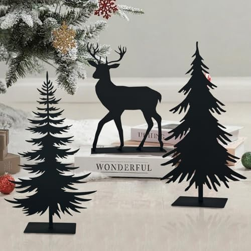 Weihnachtsdeko Roststecker Weihnachtsbaum Hirsch 3er Set Wetterfeste Metall Rost Garten Deko Weihnachten Tischdeko Weihnachtsdekoration Outdoor Gartenstecker für ,DraußEn ,Terrasse, Balkon (Schwarz)