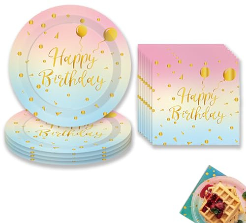 Deko Geburtstag Partygeschirr Set, Gradient Gold Pappteller Kindergeburtstag, Regenbogen Thema, Geburtstag Deko Party Geschirr Teller Servietten Geburtstagsparty, Dusche, Dekoration, 32 Stück