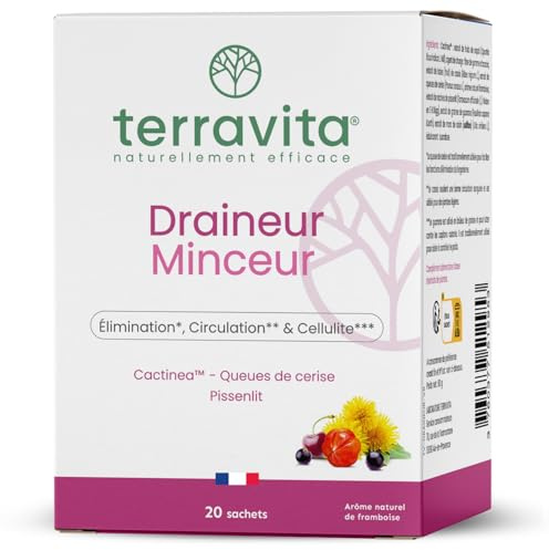 DRAINEUR MINCEUR | Action Detox Anti-Cellulite et Jambes Lourdes | Stimule la Circulation Sanguine et Lymphatique | Actif Breveté Cactinea™ | 20 Sachets Goût Framboise | Made in France | Terravita