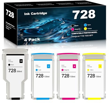High Yield 728 XL 728XL Ink Tank Replacement Set for HP 728 Ink Cartridges for DesignJet T730 T830 MFP Large Format Plotter Printer F9J68A F9K17A F9K16A F9K15A (4 Pack, BK, C, M, Y)