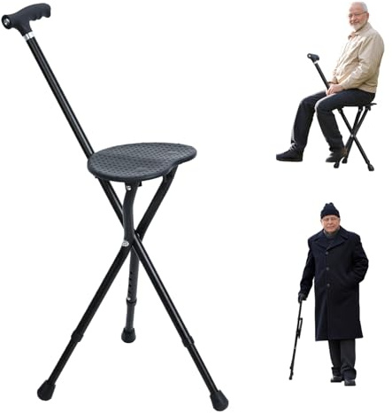 Folding Walking Stick with Seat&LED Light, Portable Walking Cane Chair for Men Seniors Heavy Duty Aluminum Crutch Stool with Adjustable Height 440 LBS Capacity Magnetic Handle Outdoor Mobility Aid