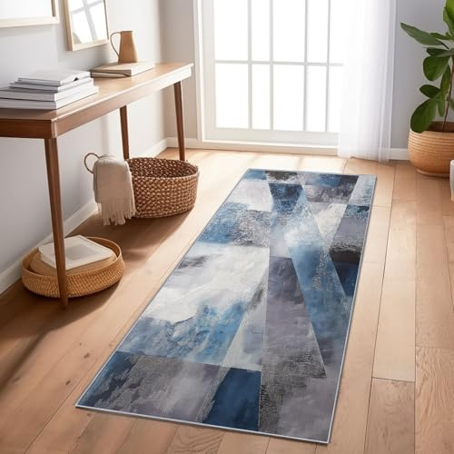 Bodenläufer Teppich rutschfest Waschmaschinengeeignet Blau Modern Geometrisch Farbblöcke Flurteppich Lang Schmales Format Weicher Für Küche Eingang Wohnzimmer Schlafzimmer 60X210 cm