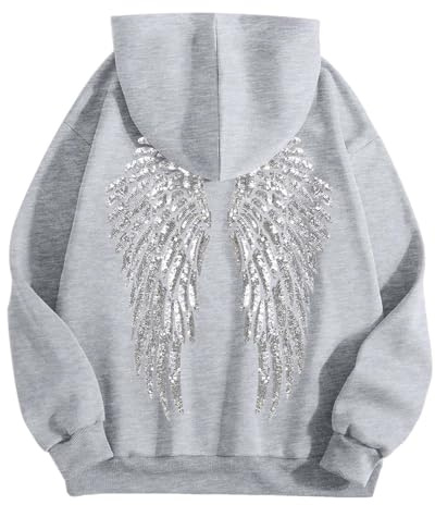 Sudadera con capucha de mujer oversize informal para adolescentes, chica, cómoda, con capucha, de manga larga, Y2k, Hip Hop, con estampado de alas de ángel, de manga larga, para deporte, fitness, al