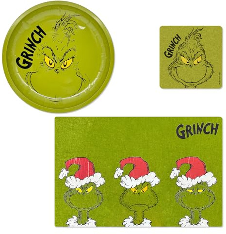 The Grinch - Lot de 9 sets de table en feutre vert - Petits dessous de verre en feutre pour boissons et assiettes à biscuits - 26 cm - Vert - Décoration de Noël amusante pour la période de l'Avent et