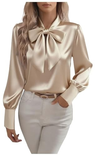 Greabuy Blusa de manga larga para mujer con cuello de lazo para negocios, casual, blusa de cuello con lazo, blusa de trabajo casual de negocios, champán, M