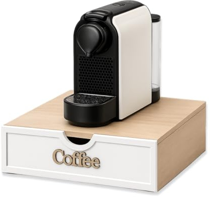 Porta Cialde Bianco Coffee con Cassetto e Ripiano Resistente - In legno – Organizer Classico per Cialde, Capsule e Tisane A 3 Scomparti – Porta Capsule Caffè – Ideale per Cucina, Ufficio, B&B (coffee)