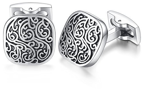 Honey Bear Herren Hochzeit Retro Muster Geschnitzt Manschettenknöpfe Cufflinks Edelstahl Manschettenknopf (Silber mit Schwarz) (Platz)