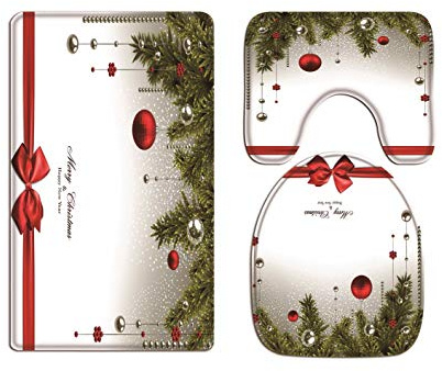 A.Monamour Badezimmer Badematte 3 Teilig Set Weihnachten Hintergrund Mit Tannenzweigen Kranz Rote Schleife Bow Balls Urlaub Dekorationen Flanell Badteppiche Badvorleger Badgarnitur WC Vorleger