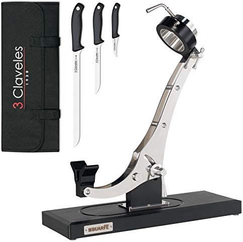 Buarfe Porta prosciutto Elite Inox Base Polietilene PE-500 Testa girevole con set coltelli da prosciutto professionali