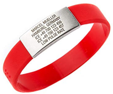 ICEstripe Notfall ID Armband Personalisierte Benutzerdefinierte Medizinische Alarm Armband mit Edelstahlplatte inkl. Kostenlose Gravur nach Wunsch Sport ID (Race Rot, 180)