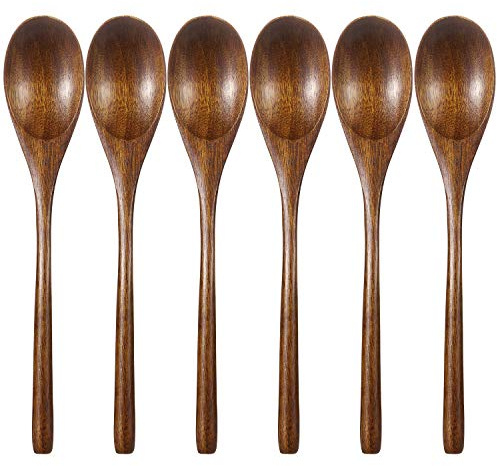Lot de 6 cuillères à soupe en bois pour manger, mélanger, mélanger et remuer, 22,9 cm, style japonais, respectueux de l'environnement, cuillère à long manche, adaptée pour un usage quotidien