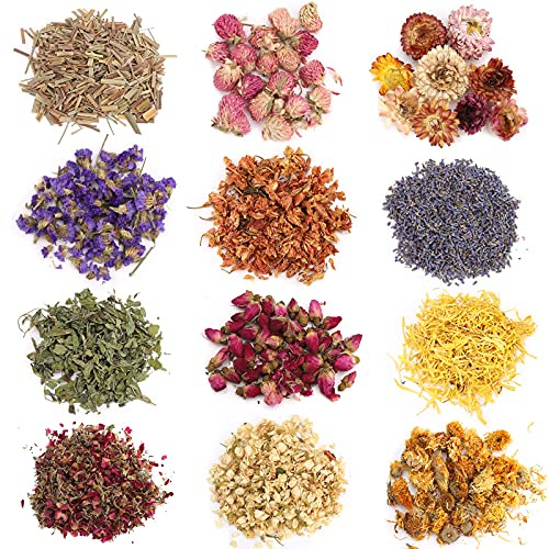 Getrocknete Kräuter und Blumen, 12 Arten von natürlichen getrockneten Blumen, Lavendel, Jasmin, Rosa, Zitronengras, Minze, zum Basteln, Seife, Kerze, Schmuckherstellung aus Kunstharz, Aroma