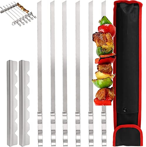 Dicunoy 9 Pcs Kebab Skewers Metal, Barbecue Skewer with Rack, 17 Stainless Steel Skewer Sticks for Grilling, Reusable Long Flat Shish BBQ Sticks with Rack Stand for Meat, Shrimp, Chicken, Vegetable