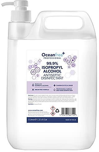 99.9% IPA Disinfectant Rubbing Isopropyl Alcohol - 5L Litre with Pump - Kills 99% Bacteria, Germs - Sanitiser Sanitizer (Single)