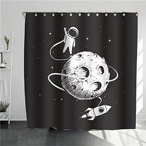 Duschvorhang für Eckdusche und Kleine Badewanne, Bad vorhang Textil aus Polyester Stoff Schimmelresistent Wasserabweisend und Waschbar, Mond-Astron， 180x180cm mit Duschvorhangringen Shower Curtains